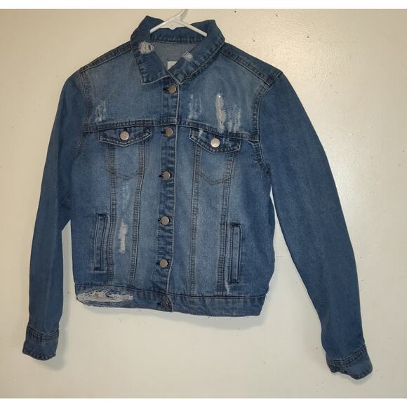 Rsq Denim Jean Jacket Women's S Distressed Medium Wash Blue Rips Trucker Pockets - Picture 1 of 16